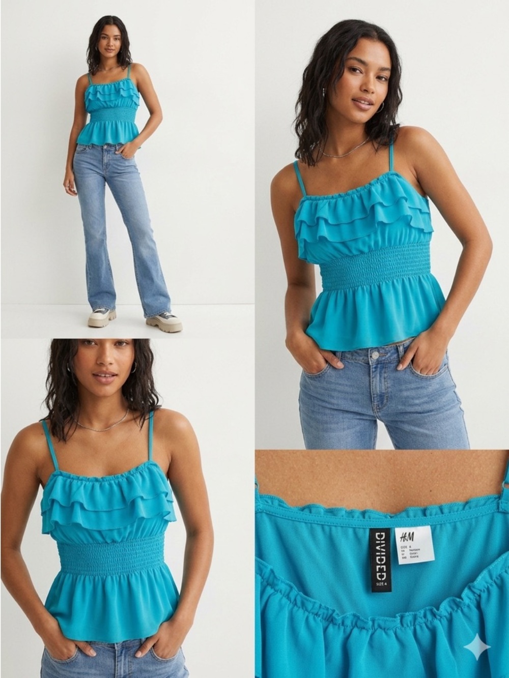 H&M Archive Divided Blue Ruffled Smocked Peplum Chiffon Cami Top US 4 EUC
